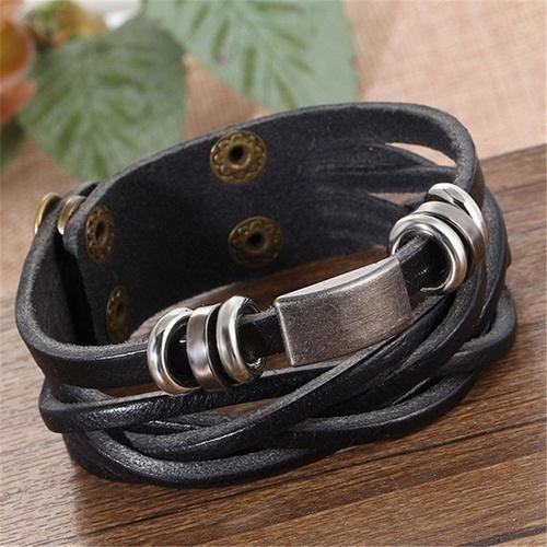 Mens Vintage Multilayer Braided Faux Leather Bangle Cuff Bracelet Wristband