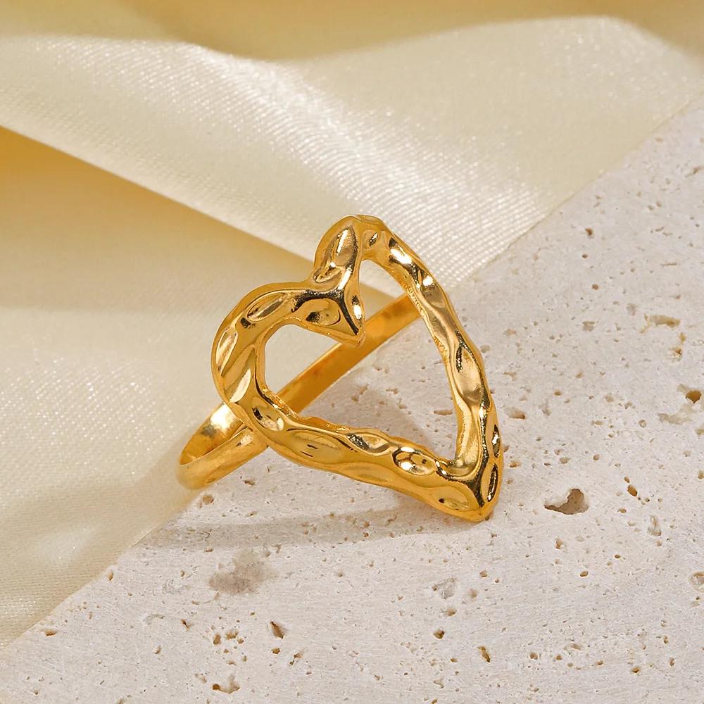 1PC Heart Stainless Steel Ring For Women Irregular Adjustable Gold Color Opening Rings Girls Fashion Party Waterproof Jewelry