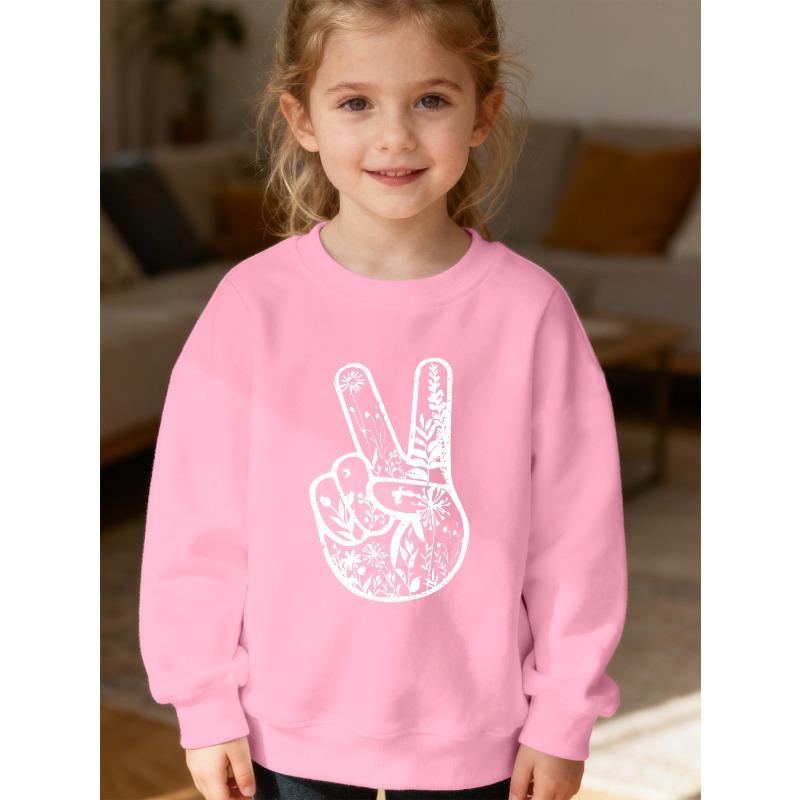 Kids Unisex Crewneck Sweatshirt, Floral Peace Sign Hand Vintage Print Long Sleeve Pullover, Soft Kids Sweatshirt For Boys Girls Over 4 Years Old