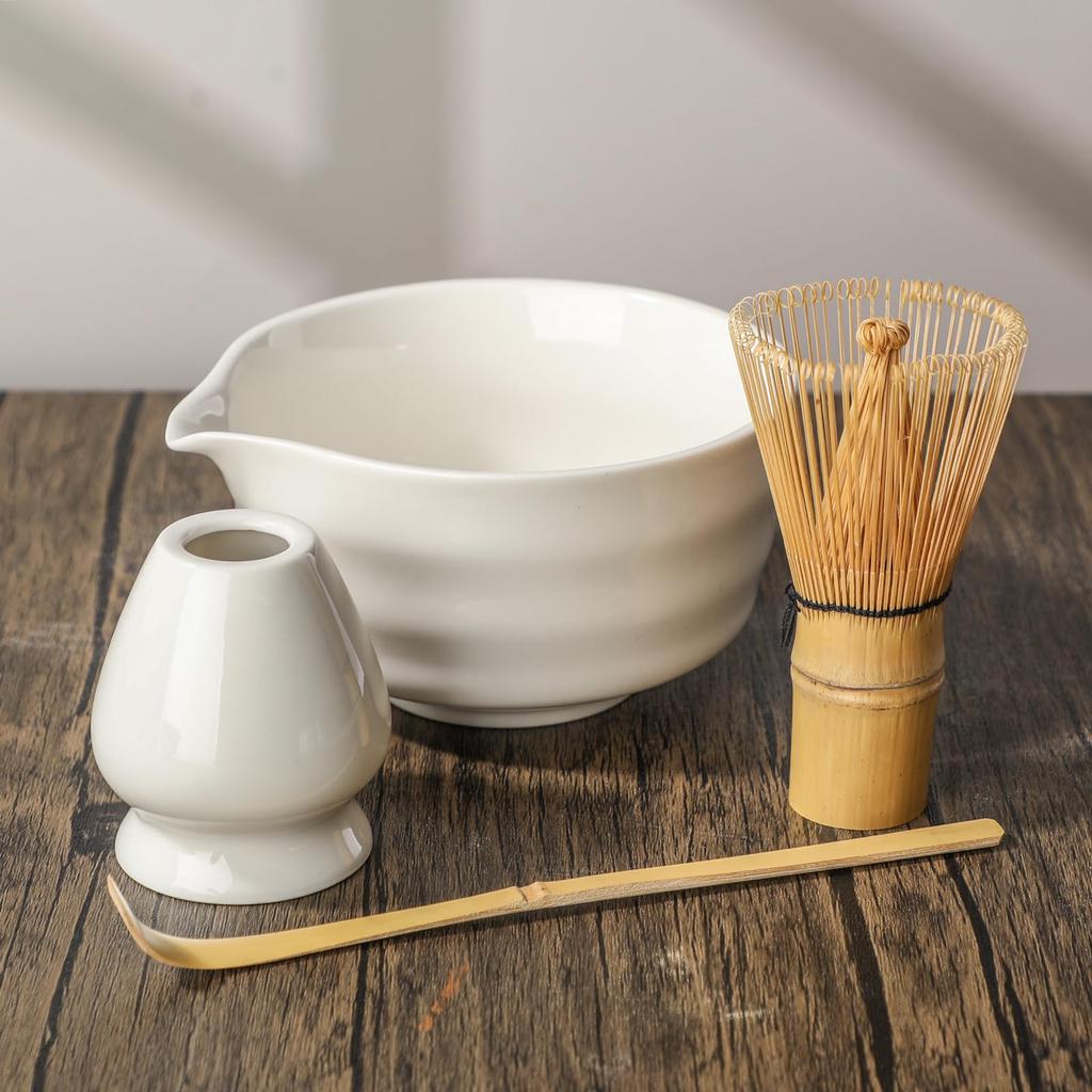 Tea ceremony set including a spouted matcha a tea whisk a tea whisk and a tea bowl, (100 prisms), stand, scoop.