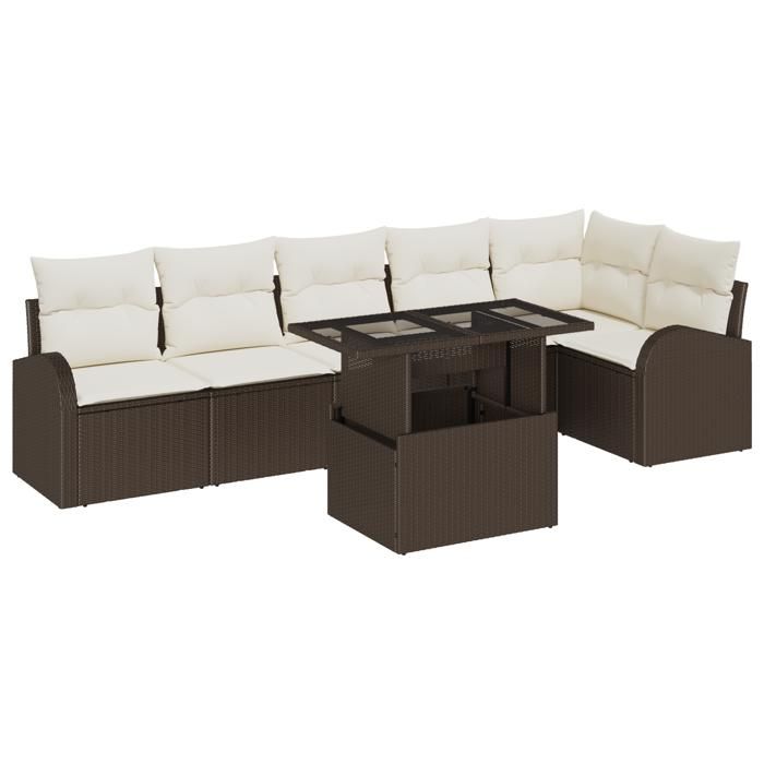 Ensemble Canapé Jardin 7 Pièces avec Coussins Marron Rotin Poly, Canapé Jardin 2 Places avec Rangement et Coussins Marron 3357391