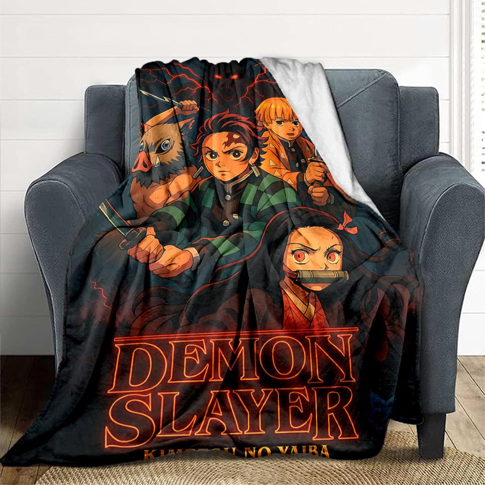 1pc Demon Slayer Flannel Throw Blanket HD Printed Lightweight Soft Warm All Season Blanket for Sofa, Bed, Travel, Camping Machine Washable