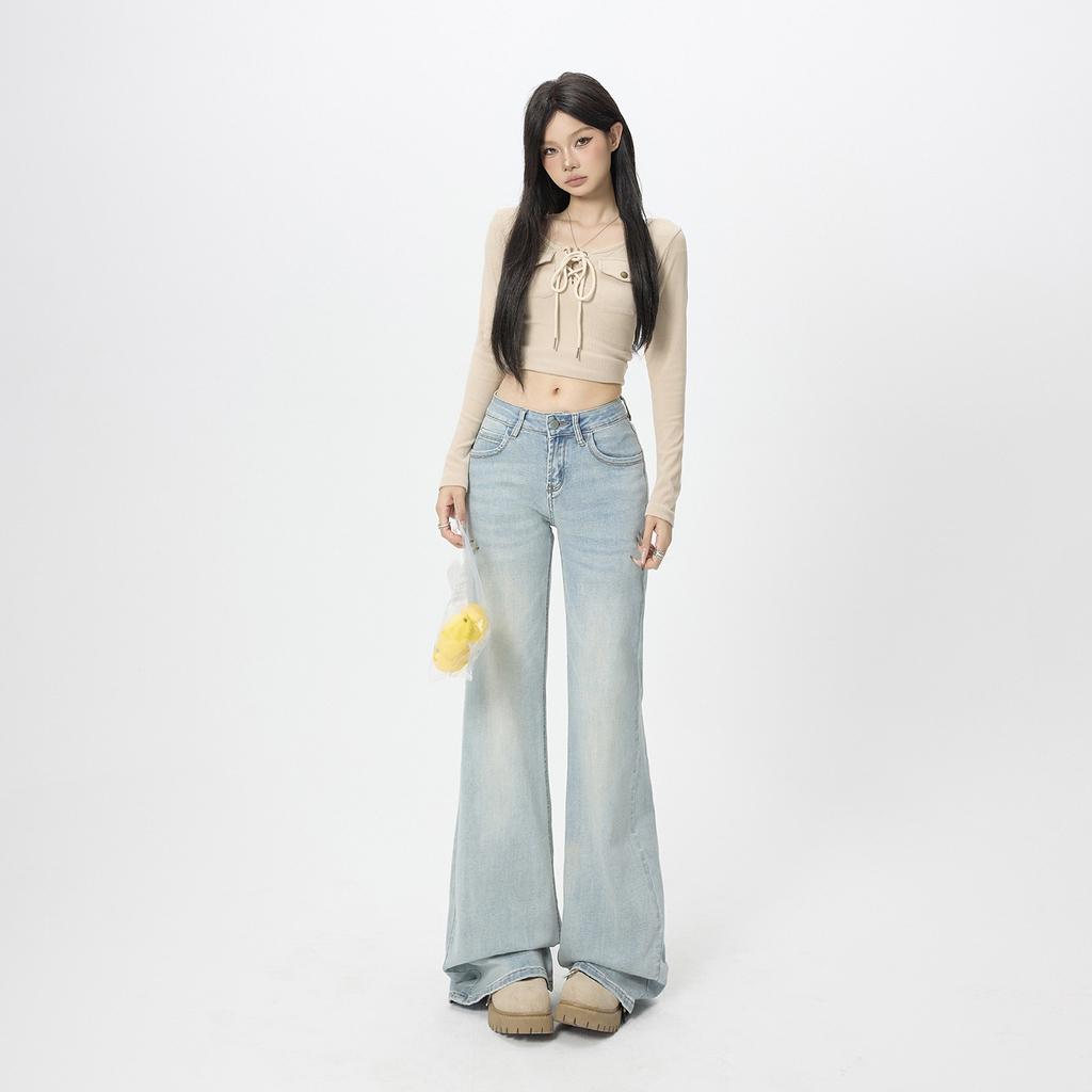 American Spice Girl Light Blue Low Waist Slightly Pulled Jeans Women's Autumn New Leg Loose and Skinny Flared Pants