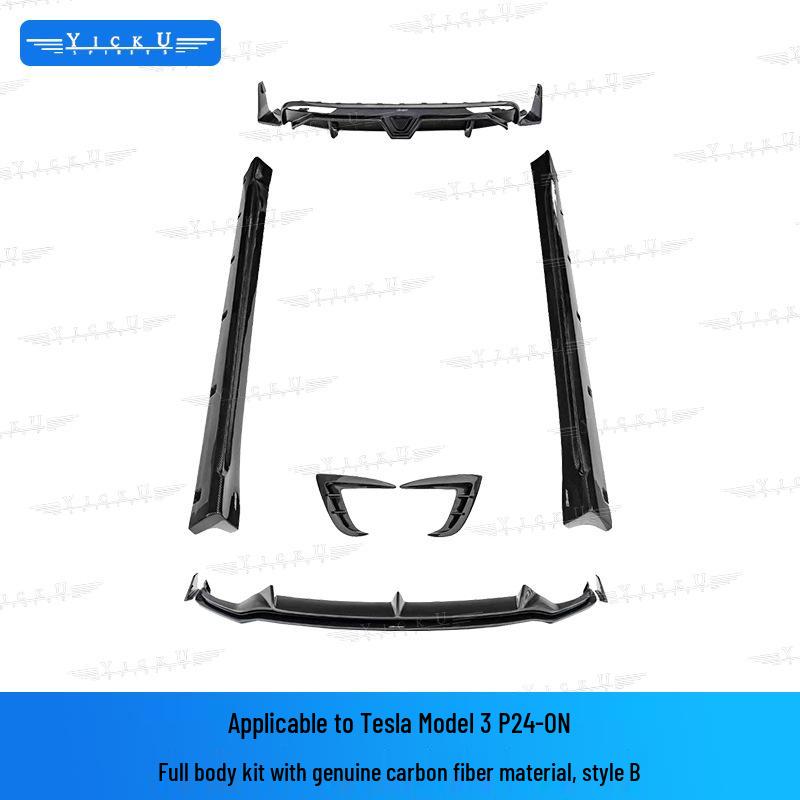 Upgrade your Tesla Model 3 P with CMST carbon fiber front lip with lights, rear lip, air intakes, and side skirts.