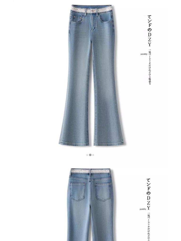 Light Color Rhinestone Lace Flared Jeans - Women's 2025 Retro Style