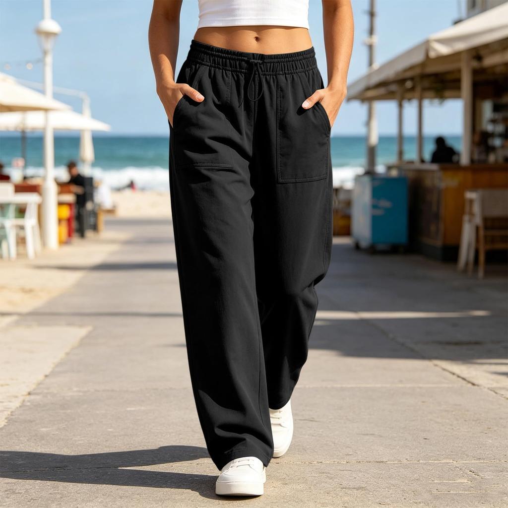 Women Casual High Waist Drawstring Wide Leg Pants Loose Fit Lounge Jogger Trousers with Pockets Elastic Waistband