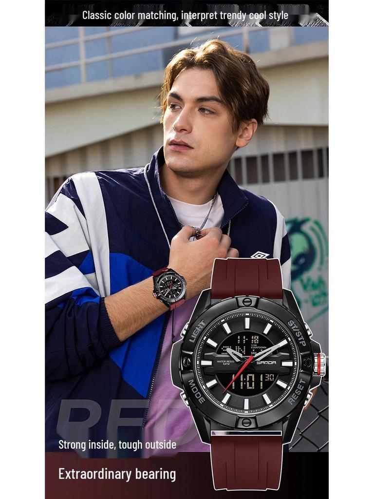 SANDA Multifunctional Outdoor Waterproof Watch with Three-Time Zone and Calendar Features for Students