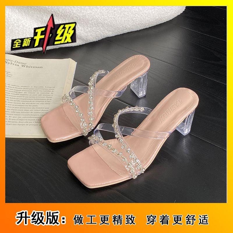 Crystal Transparent One-word Belt Beautiful High-heeled Sandals Summer New Crystal Heel Cool Slippers Women's Outer Wear