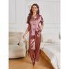 Heart Embroidery Satin Pajama Set Casual Short Sleeve Button Up Lapel Collar Top & Pants Women's Sleepwear