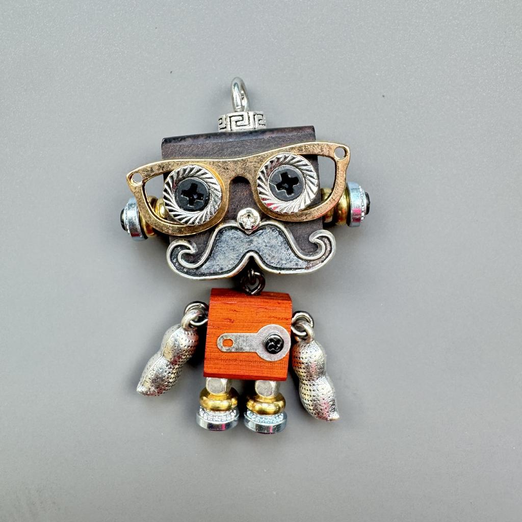 Handmade Rustic Wood Punk Robot Bamboo Chain Pendant Necklace with Keychain Ornament for Birthday Anniversary Unisex Boys Girls