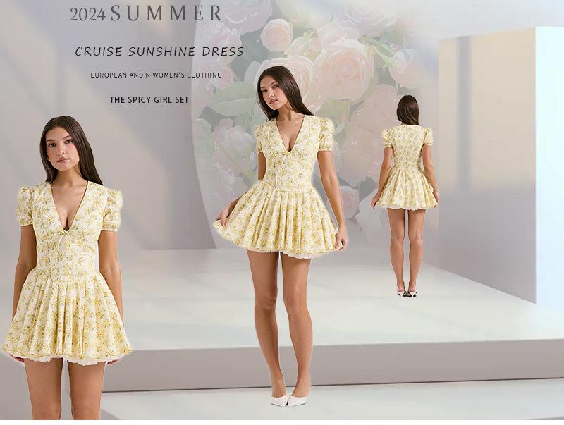 2026 Floral Puff Sleeve Summer Dress – Sweet French Style with Cinched Waist and A-line Skirt.