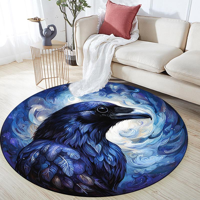 Blue Raven Round Area Rug,Carpet Rug for Living Room Bedroom Sofa Playroom Decor,Non-slip Floor Mat