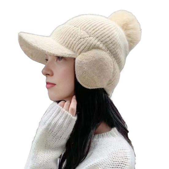 Knitting Hat Solid Color Plush Ball Decor Ear Protection Winter Hat Winter Thickened Warm Windproof Hat Headwear