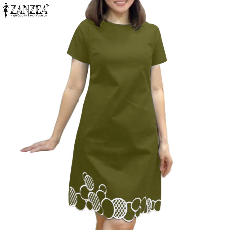 

ZANZEA Casual Round Neck Patchwork Embroidered Hem Short Sleeve Dress S темно-синий
