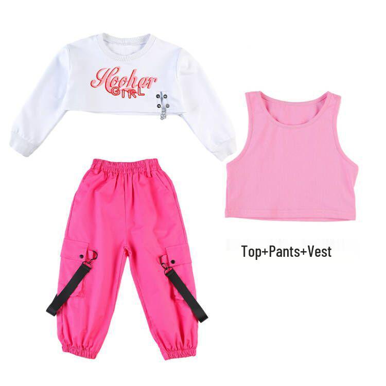 

Детский костюм для джазового танца: Кроп-топ, с длинным или коротким рукавом, грузовые брюки цвета розовой розы 130 cm