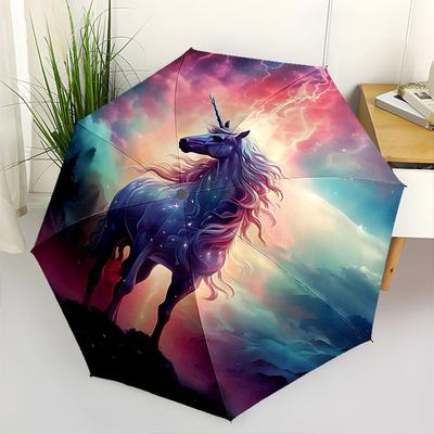1 Stück Einhorn Fantasy Automatischer Faltregenschirm, Tragbares 3-Fach-Design mit Eisenrahmen, Outdoor für Fans, Reisende & Täglichen Gebrauch, Perfekte Geschenkidee.B08