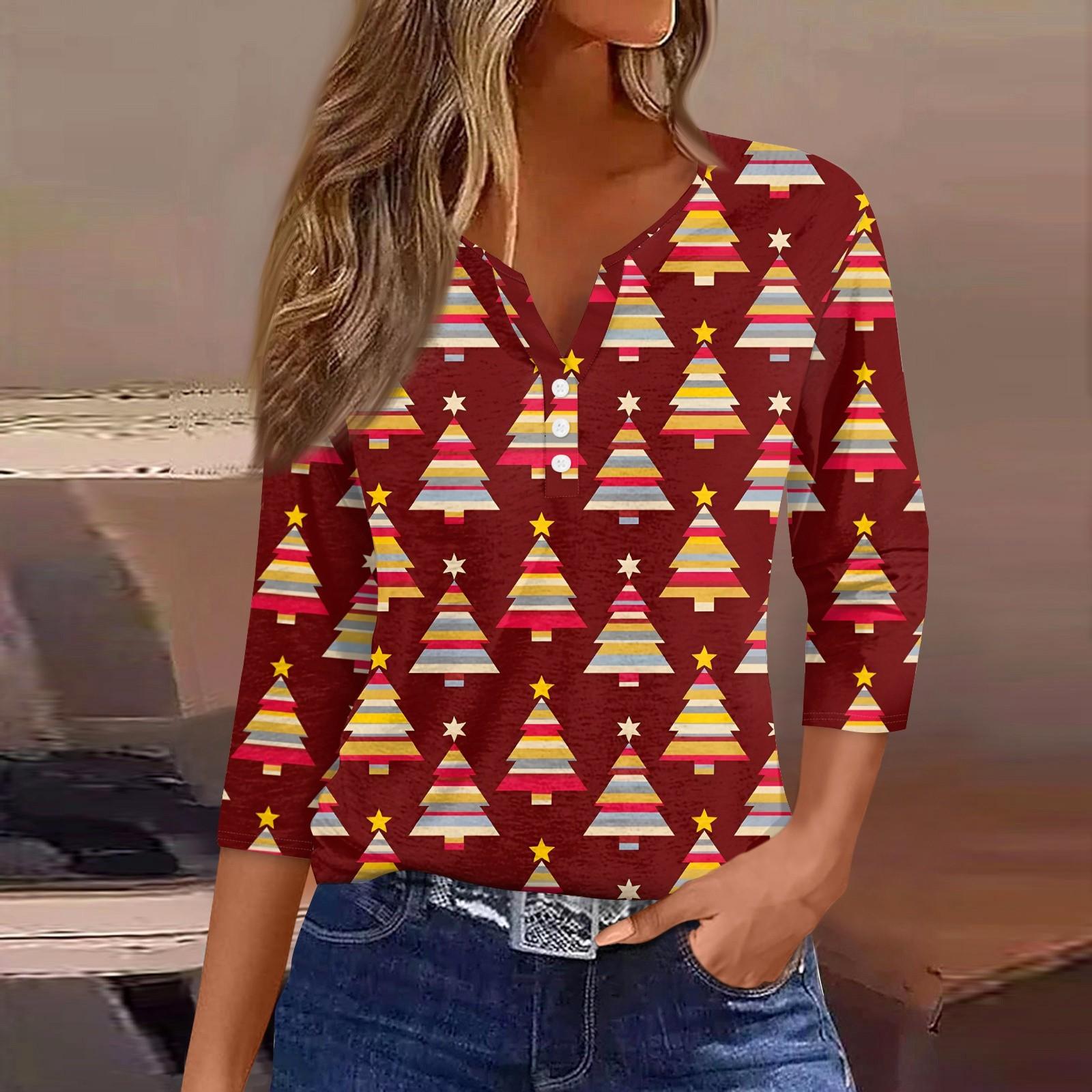 

Женская модная повседневная футболка с пуговицами, V-образным вырезом, семью рукавами и рождественским принтом XXXL винный