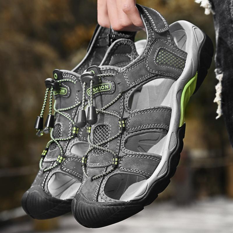 Fashion Genuine Leather Men Sandals Anti-collision Toe Mens Canyoning Shoes Durable Handmade Beach Shoes Non Slip Indoor Outdoor Sandals