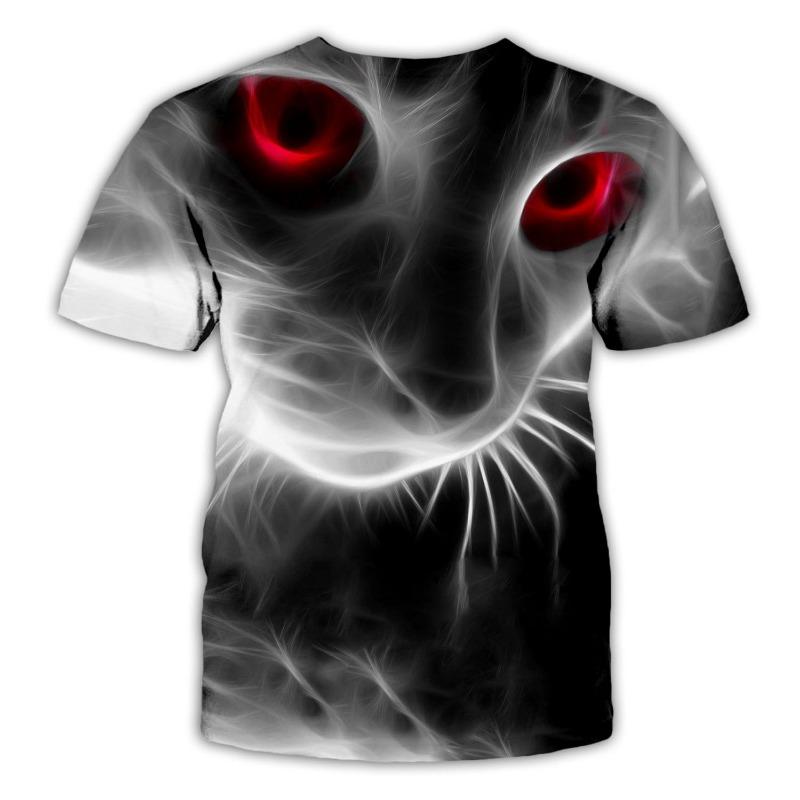 3D Digital Cat Art Printed Round Neck Short Sleeved Casual T-shirt for Teenagers with Stripes Shirt