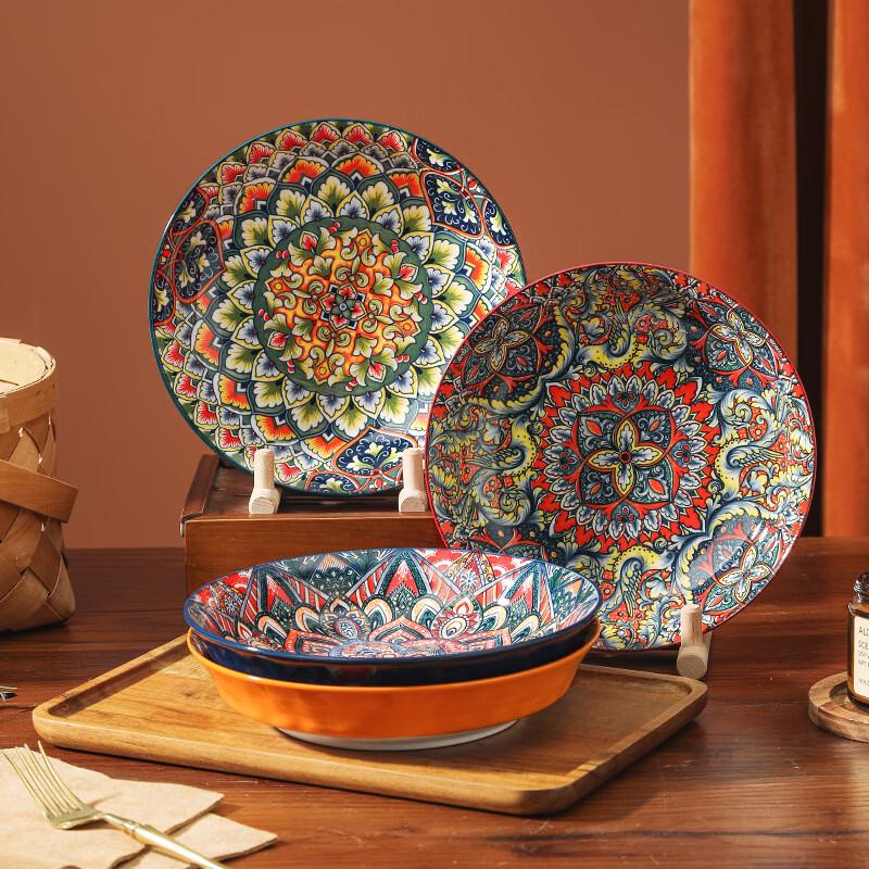 Bohemian Style Underglaze Ceramic Round Deep Plate