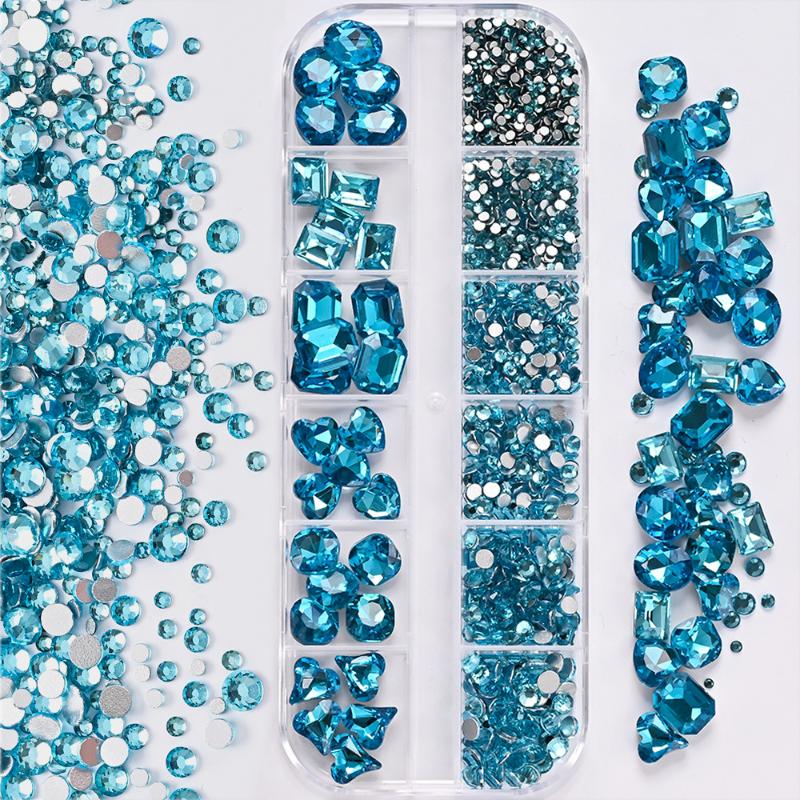 12-Grid 3D Nail Art Rhinestones Set Super-Shiny Flatback Adhesive Rhinestones for DIY Decorative Nail Art Multiple Shapes