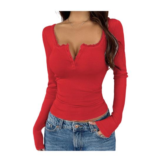 

Женские топы обычного кроя с длинными рукавами, V-образным вырезом, кружевной вставкой, пуловеры, однотонные блузки для повседневной носки осенью и зимой S красный