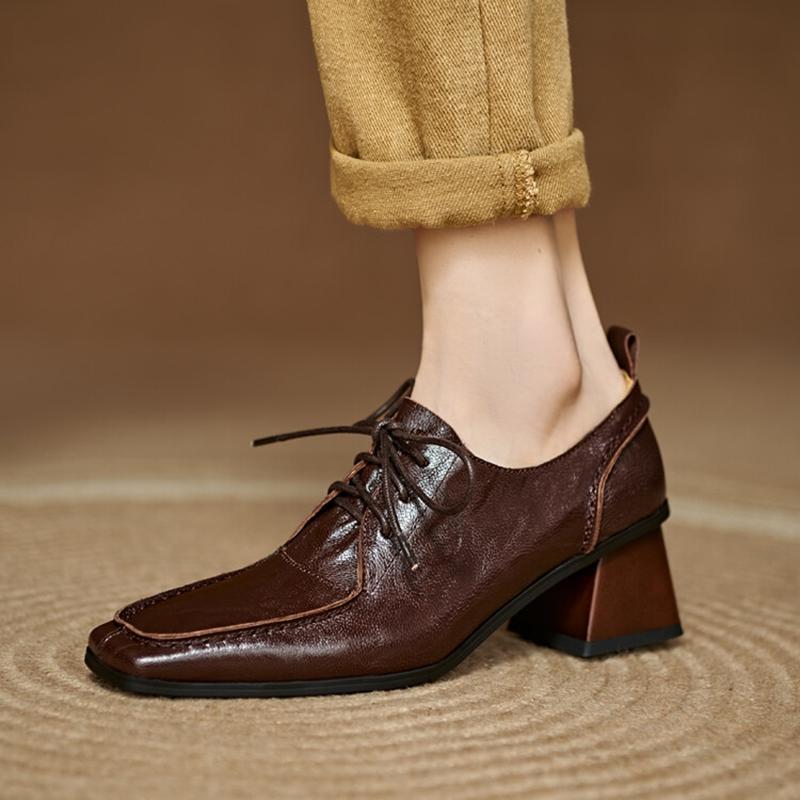 Fashion NEW Spring/Autumn Women Pumps Square Toe Chunky Heel Shoes Concise Genuine Leather Shoes for Women Lace-up Handmade Women Shoes