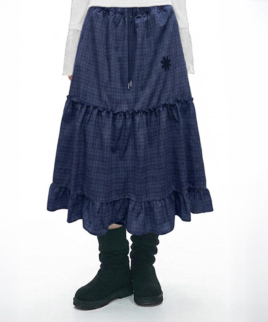 Damiswi Vintage Check Frill Long Skirt_Blue