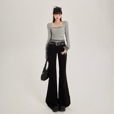 Jeans Flare Feminino 2025 Cintura Baixa Slim Fit - Preto, Antiderrapante, Elástico, Afina a Perna, Estilo Primavera