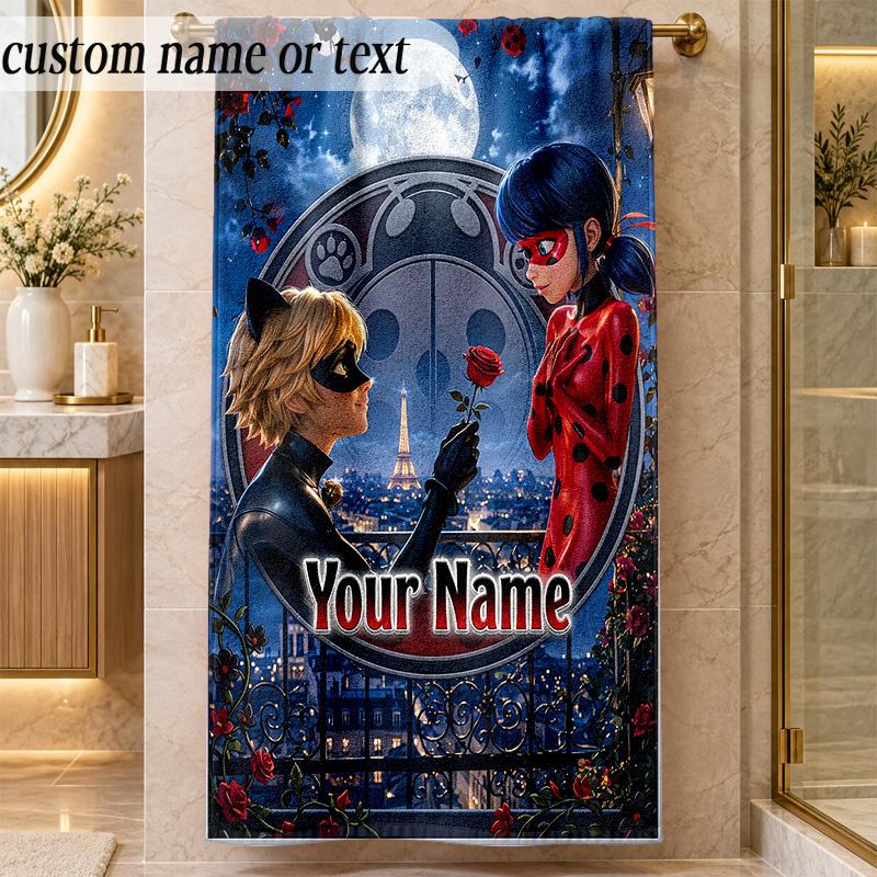 Strandtuch Miraculous Ladybug Benutzerdefinierter Name Text Personalisierbares Weiches Handtuch für Strand Pool Innen Hausdekoration Geschenk