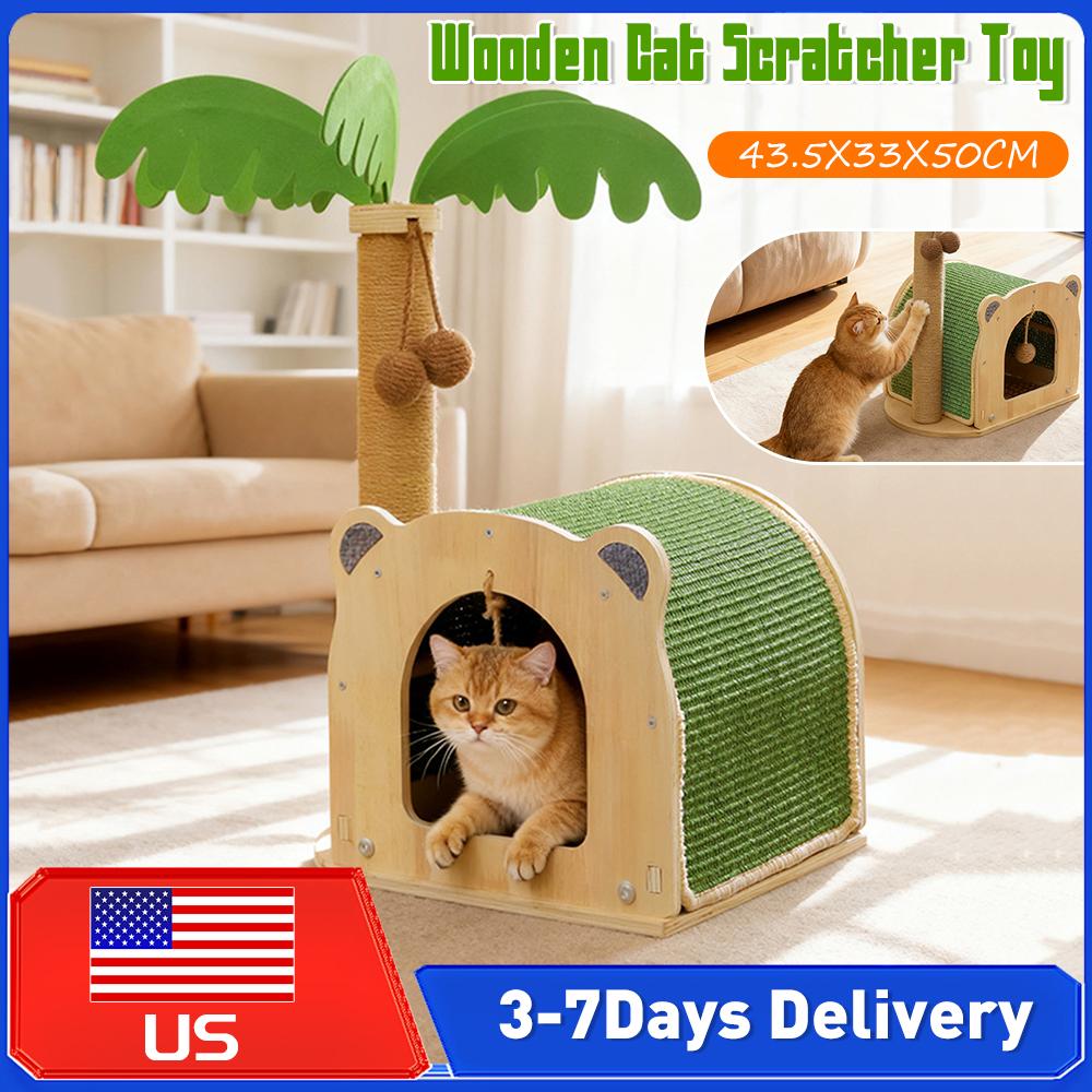 Wooden Coconut Tree Cat Scratching Post Cat Tower with Hanging Pom-Pom Ball Sisal Scratcher for 1-2 Indoor Cats Kittens Supplies