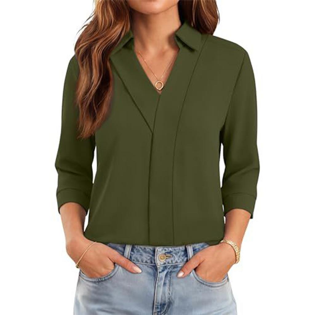 Damen V-Ausschnitt Gestreifte Bluse 3/4 Ärmel Business Casual Oberteil für die Arbeit