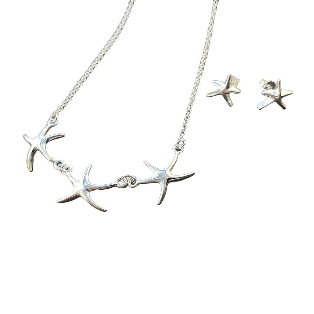 925 Sterling Silver Starfish Necklace Earrings Set Birthday Party Anniversary Gift Suitable for Women's Daily Wear