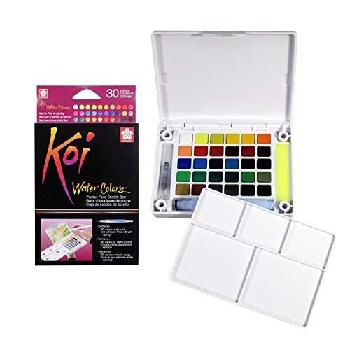 Watercolor Sketch Box - SAKURA - Koi - 30 Colors - Refillable Brush - Sponge Included