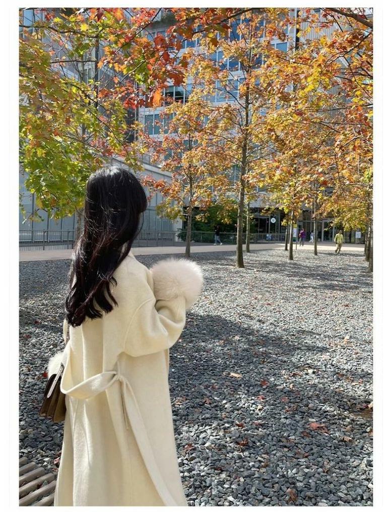 Manteau en Laine Mi-Long pour Femme avec Manches en Fourrure - Veste Décontractée Chic Automne/Hiver
