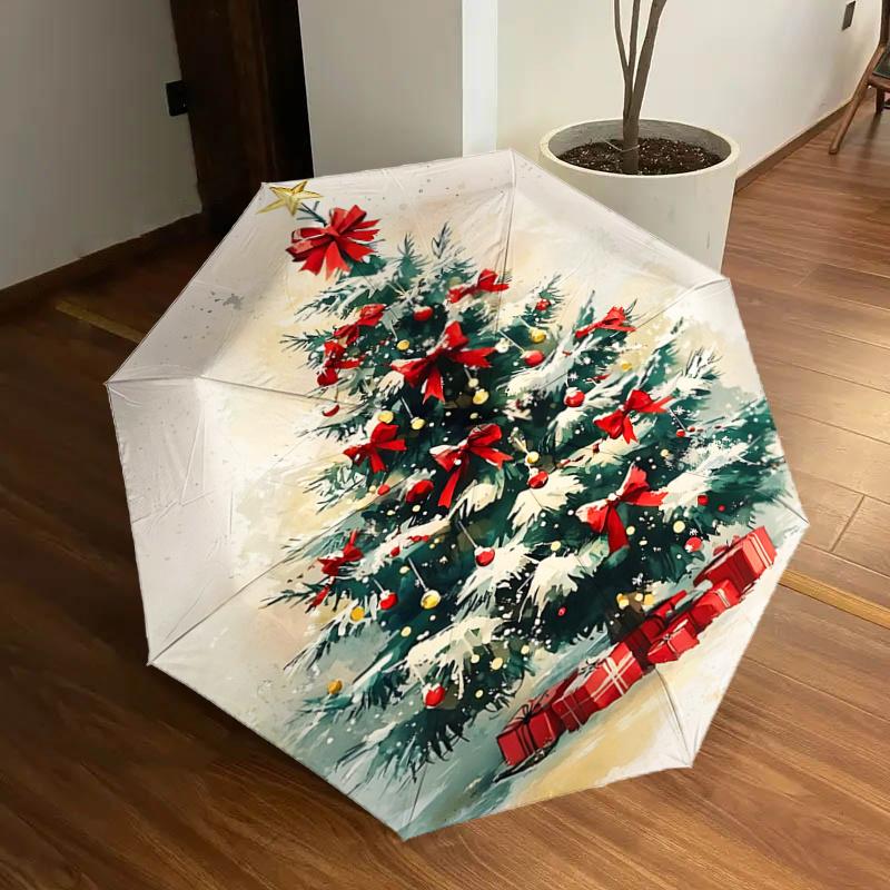 

Christmas Tree with Red Bow Decorations - Automatic Opening Umbrella, Portable Folding Design, 8-Bone Iron Frame, Outdoor Rain Shelter, Fest