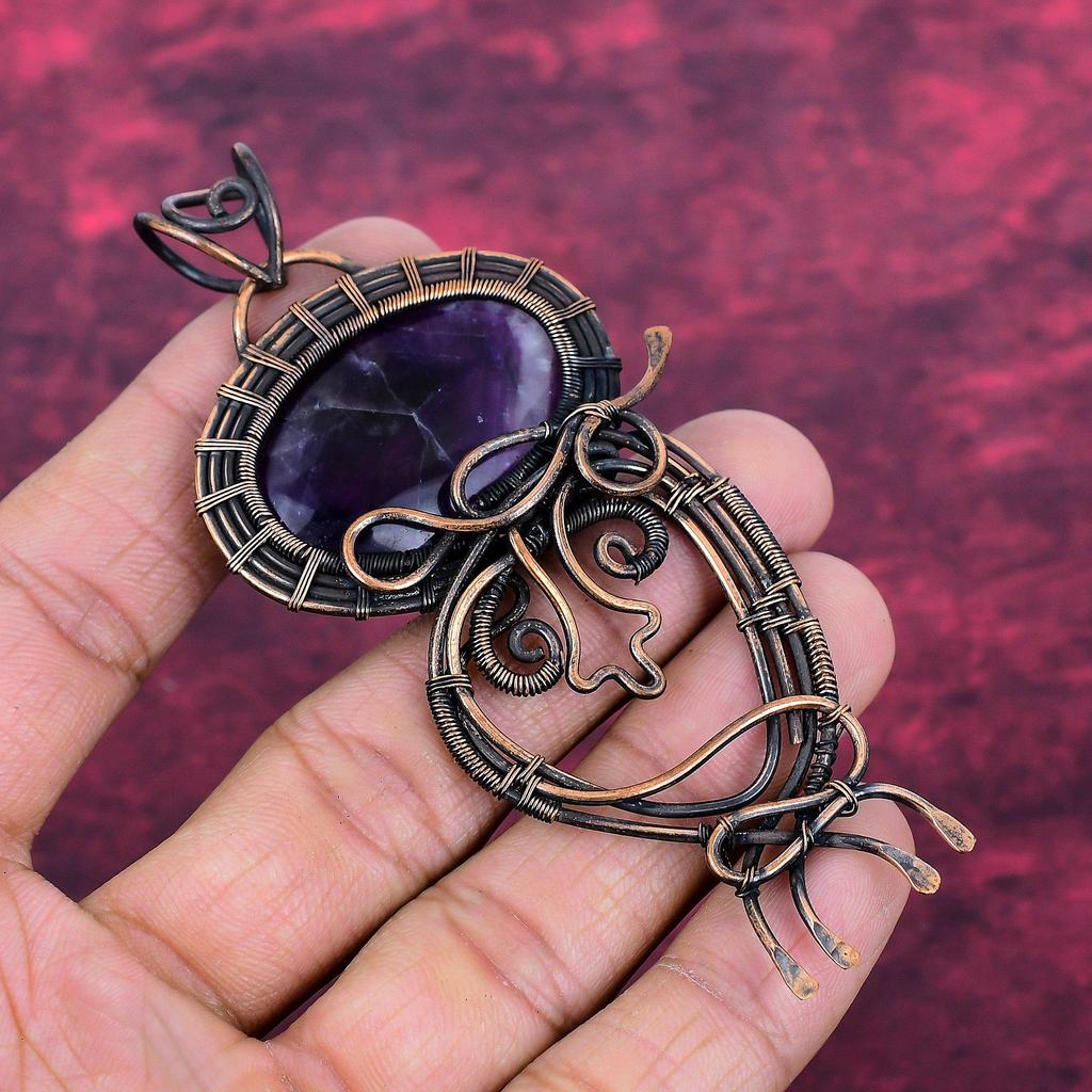 Chevron Amethyst Pendant Copper Wire Wrapped Handmade Jewelry Gemstone Pendant