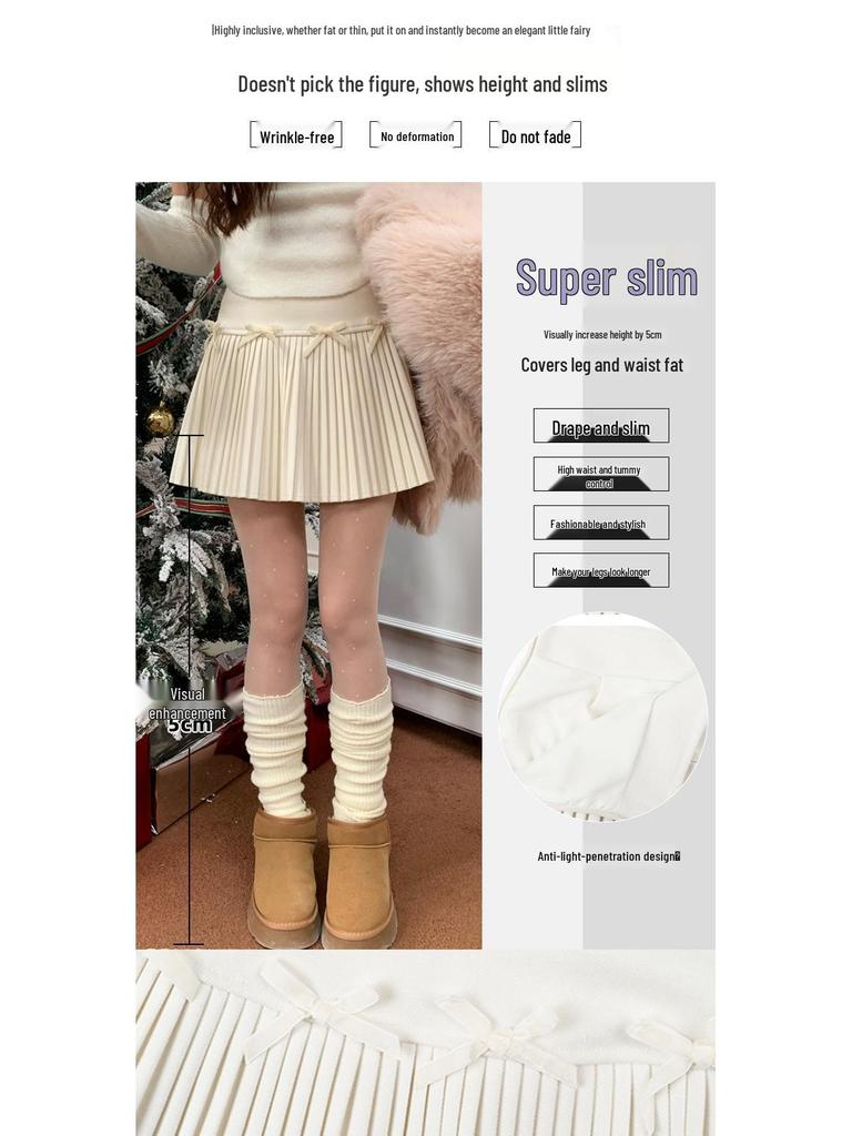 Influencer-Style High-Waist Pleated A-Line Skirt with Sweet Bow Tie for Women - Autumn/Winter