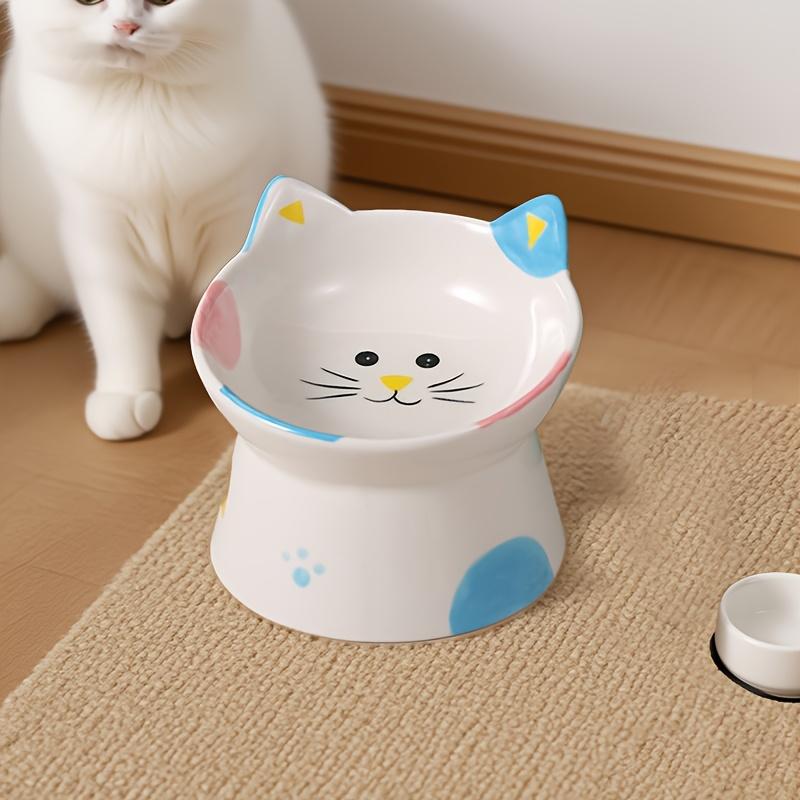 1PC Elevated Cat Food Dish, Ceramic, Raised Feeding Station, Shallow for Whiskers, Dishwasher Safe