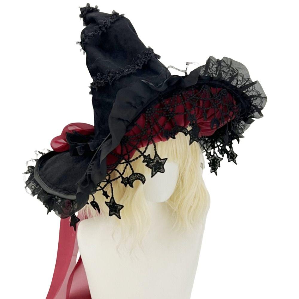 Bow Ribbon Lolita Witch Hat Star and Moon Pendant Wizard Cap Cosplay Accessories School Event
