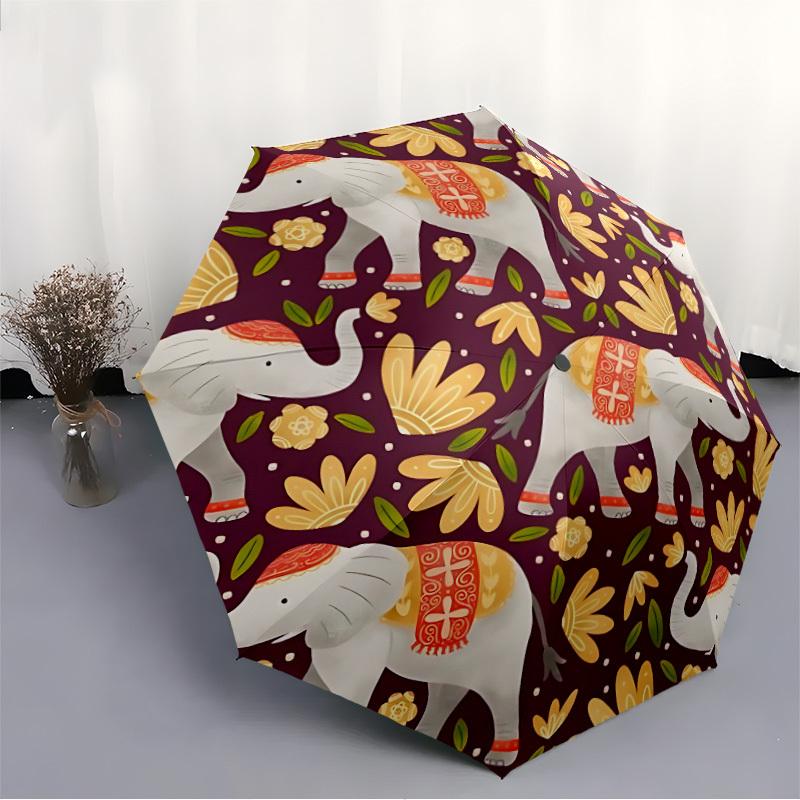 1pc Elephant Floral Automatic Umbrella - 8-Rib Portable Folding Black Iron Frame for Outdoor, Beach, Travel, Beach Umbrella,017