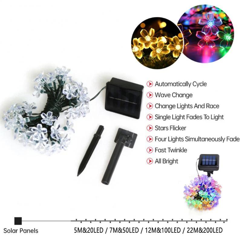 7M/12M Sakura Solar String Lights Garland Lawn Lamp Waterproof Christmas Garden LED Cherry Blossom Fairy Outdoor Lighting Decor