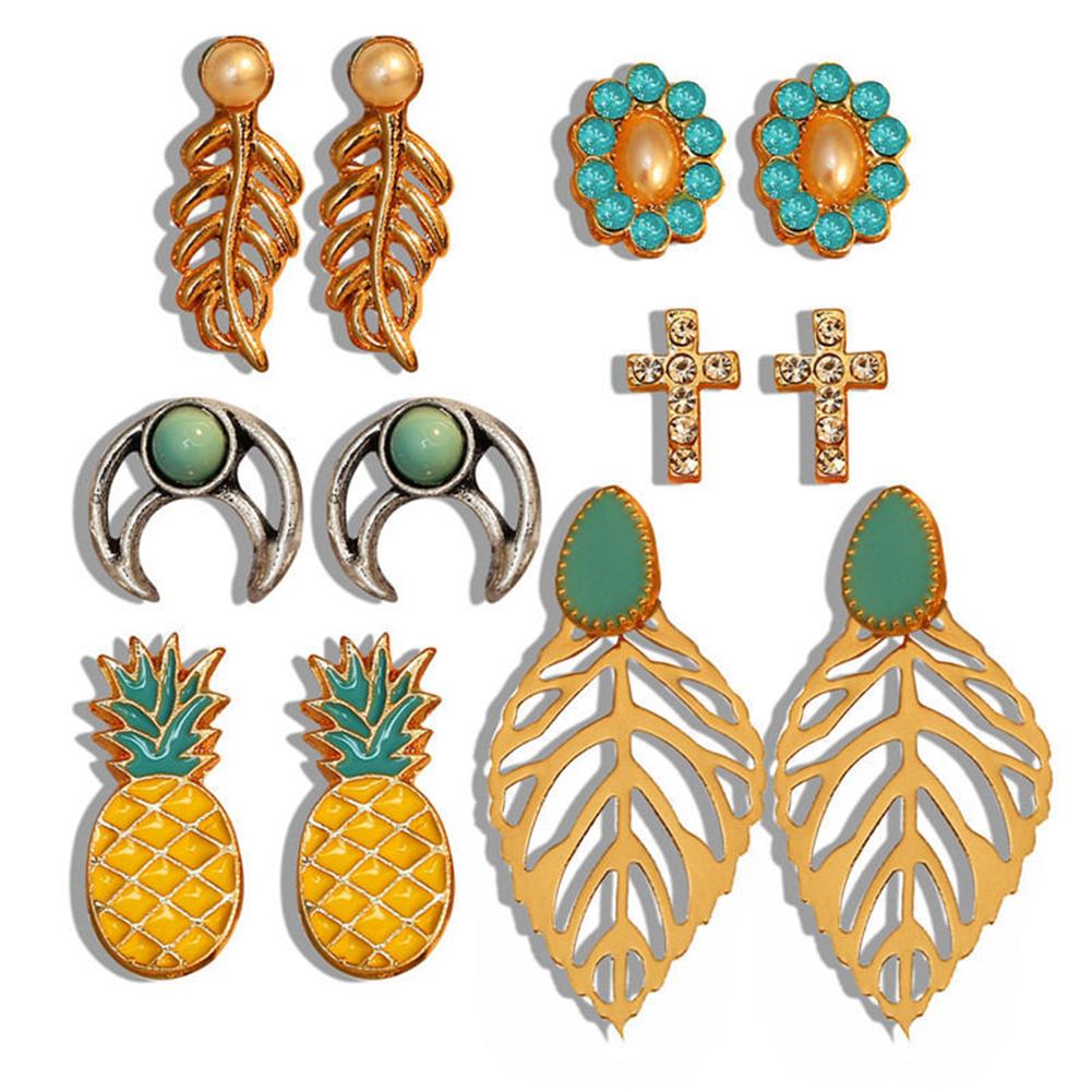 6Pairs/Set Alloy Jewelry Bohemian Vintage Style Ear Stud Pineapple Earring Set Flower Leaves