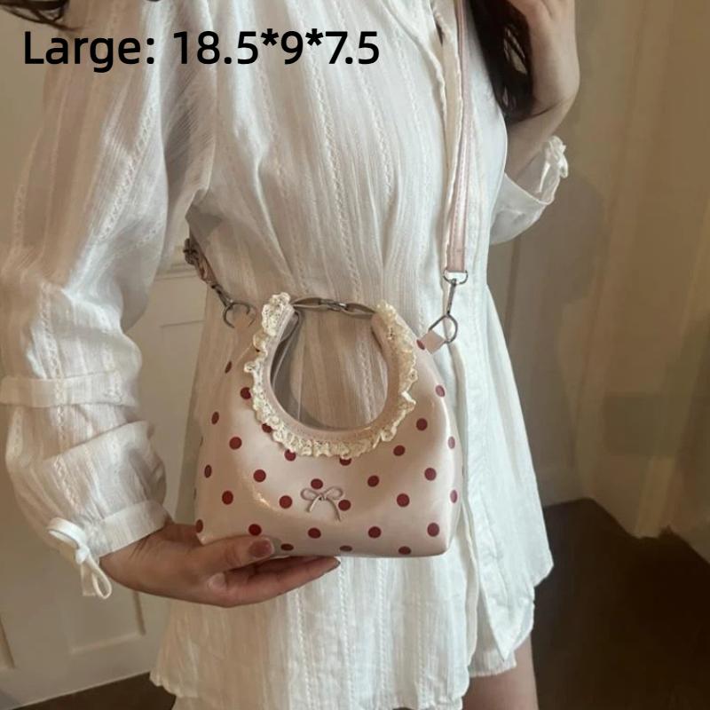 Polka Dot PU Leather Bag with Detachable Strap Lace Ruffled Handle Cute Bow Casual Purse for Daily Use