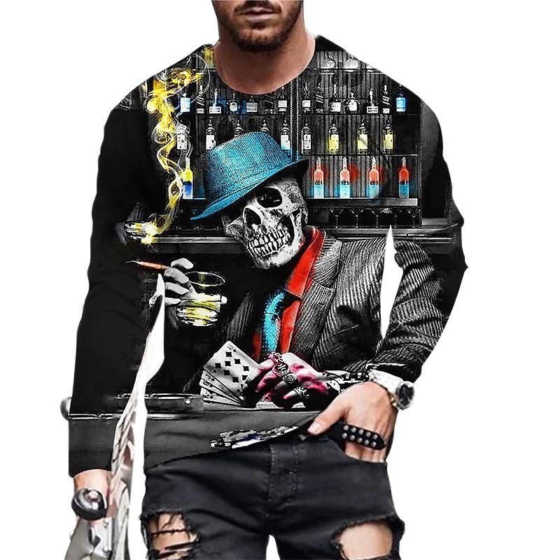 Retro Long Sleeve T-shirts For Men 3d Print Skull Long Sleeve Cotton Tops Street Hip Hop O Neck Pullover Oversized Tee Shirt Men