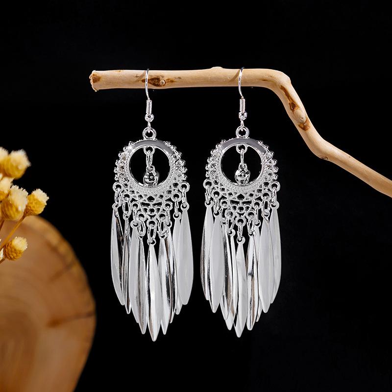 Imitation Miao Silver Ethnic Long Leaf Tassel Dangle Earrings