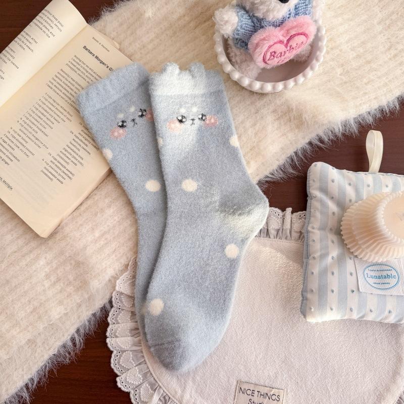 Rabbit Home Cute Girl'S Australian Velvet Socks Sweet Pink Mid-Leg Socks Indoor Versatile Warmth
