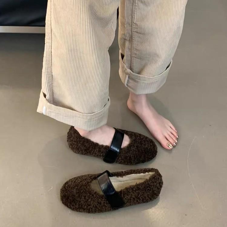 Fashion Designer Autumn Women Comfortable Warm Fur Shoes Fashion Shallow Slip on Ladies Flats Shoes Round Toe Women's Mary Jane Shoes