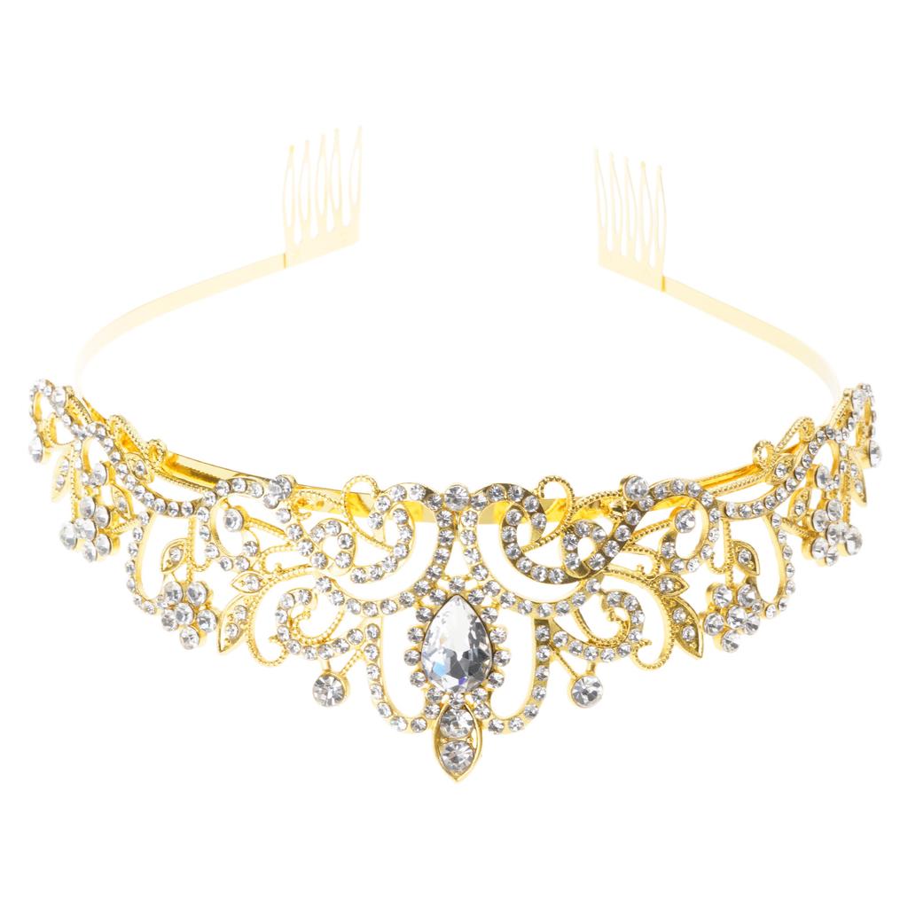 Shimmering Crystal Tiara Crown Princess Wedding Headpiece Gold Rhinestone Baroque Headband for Proms and Birthday
