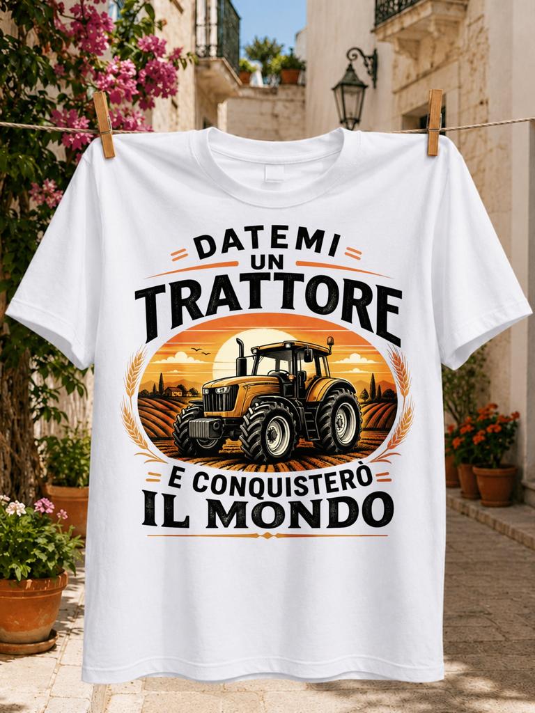 Datemi un Trattore e Conquistero il Mondo Italian Quote Orange Tractor Sunset Farm Rows and Wheat Unisex All TShirt